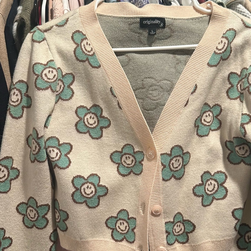 Women's Cream and Green Floral Sweater